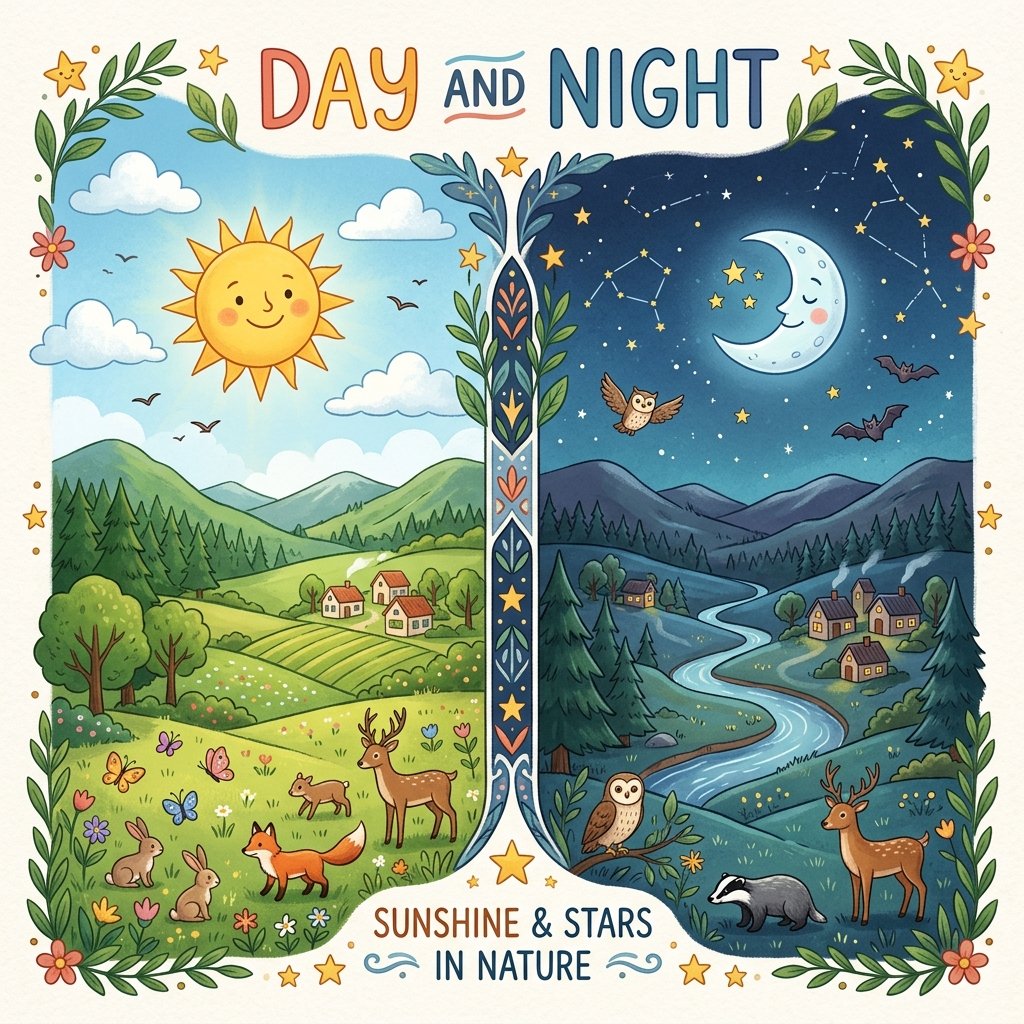 Illustration showing the sun and the moon sharing the sky, representing day and night in nature