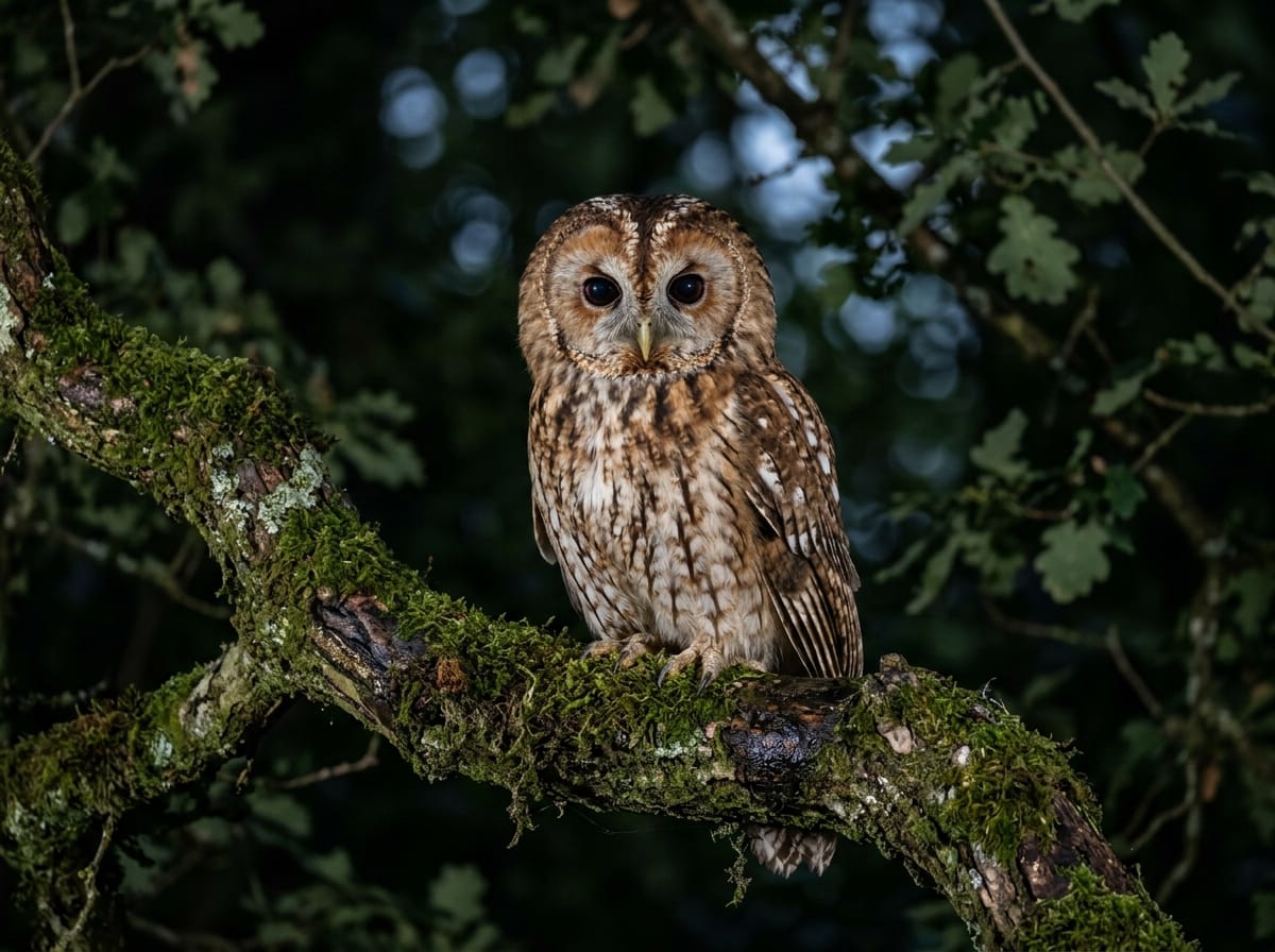 Tawny owl at night
